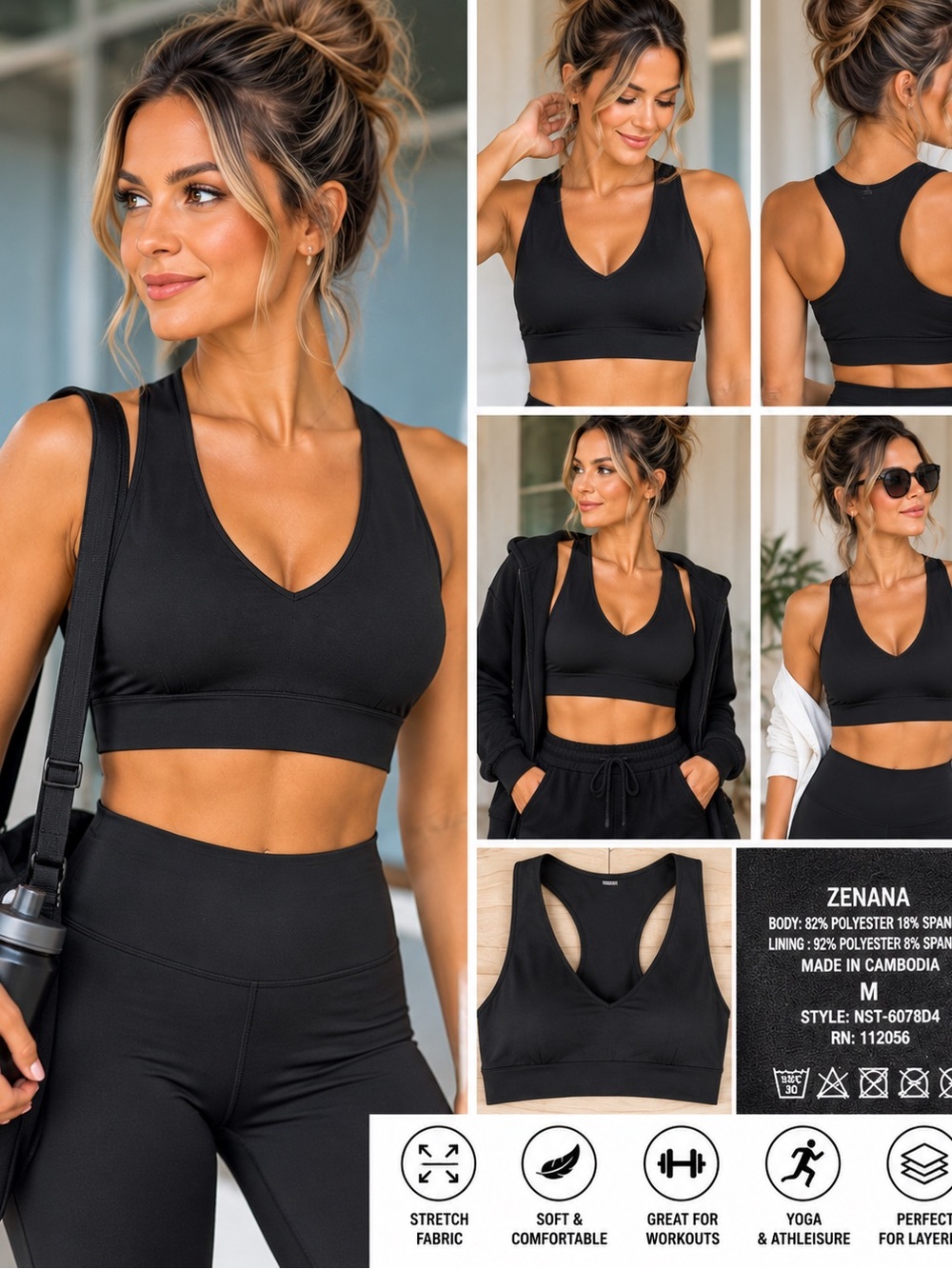 Zenana Black Racerback Sports Bra Medium Athletic Workout Bra/Crop Top